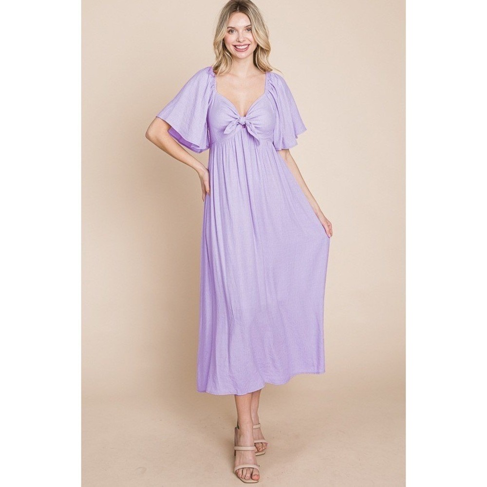 D156. Flutter Sleeve‎ Tie Front Smocked Midi Dress